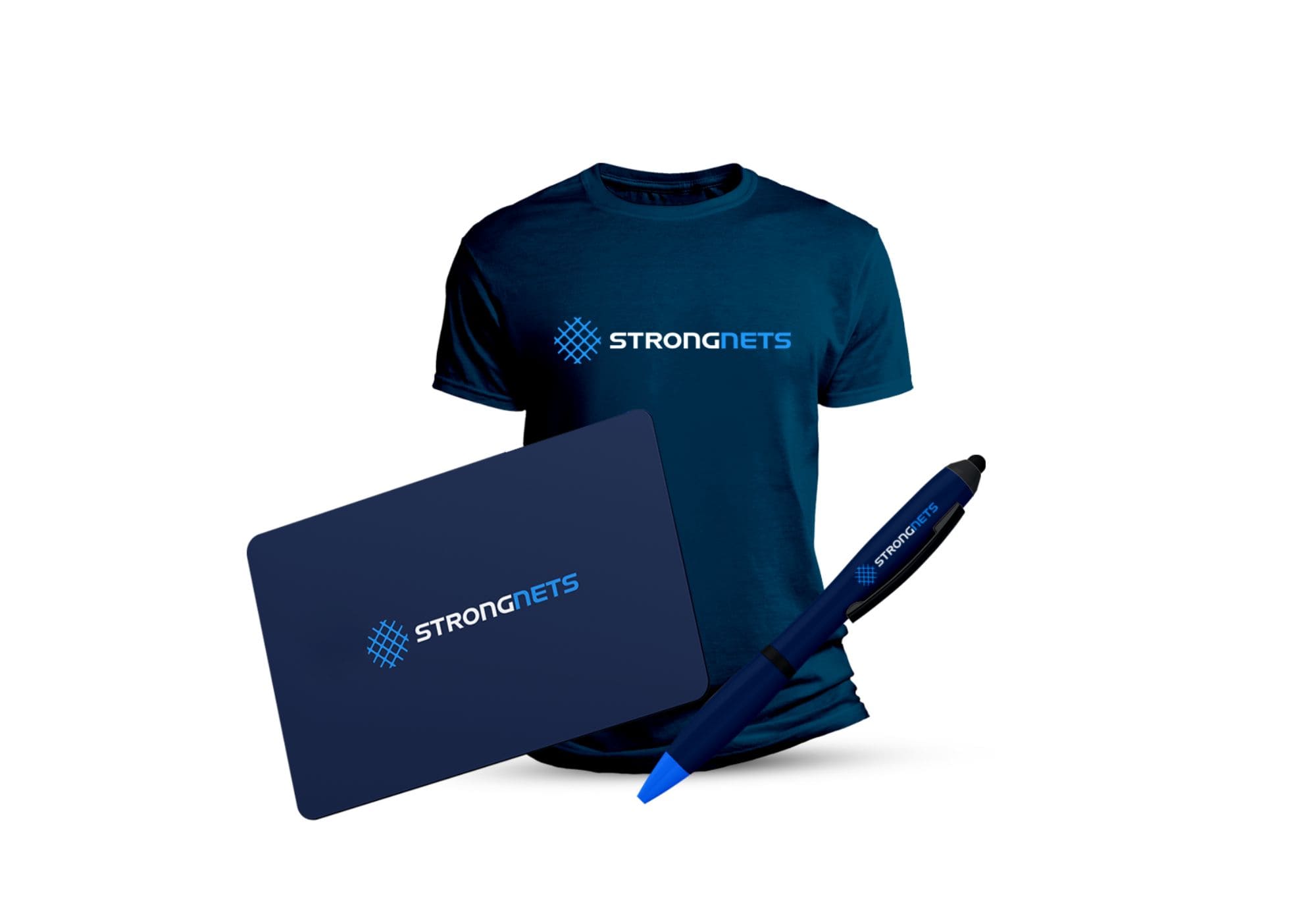 Materiały brandingowe StrongNets – koszulka, długopis i wizytówka z nowym logo