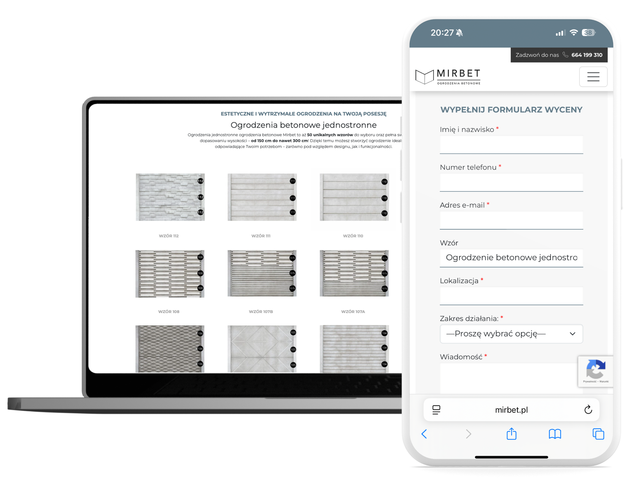 Projekt nowej strony Mirbet - katalog ogrodzeń betonowych i formularz zapytania zaprojektowane przez agencję JEGA