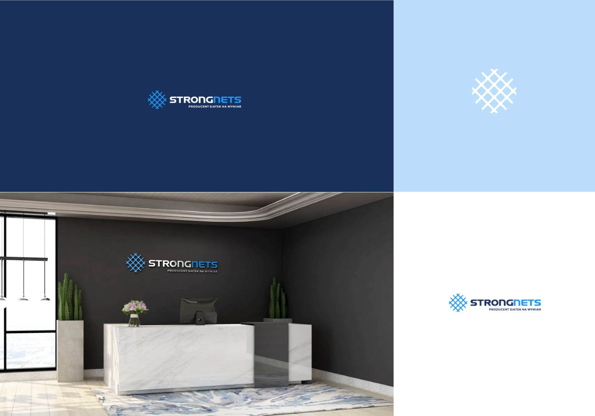 Wizualizacja logotypu StrongNets na ścianie oraz prezentacja kolorystyki marki